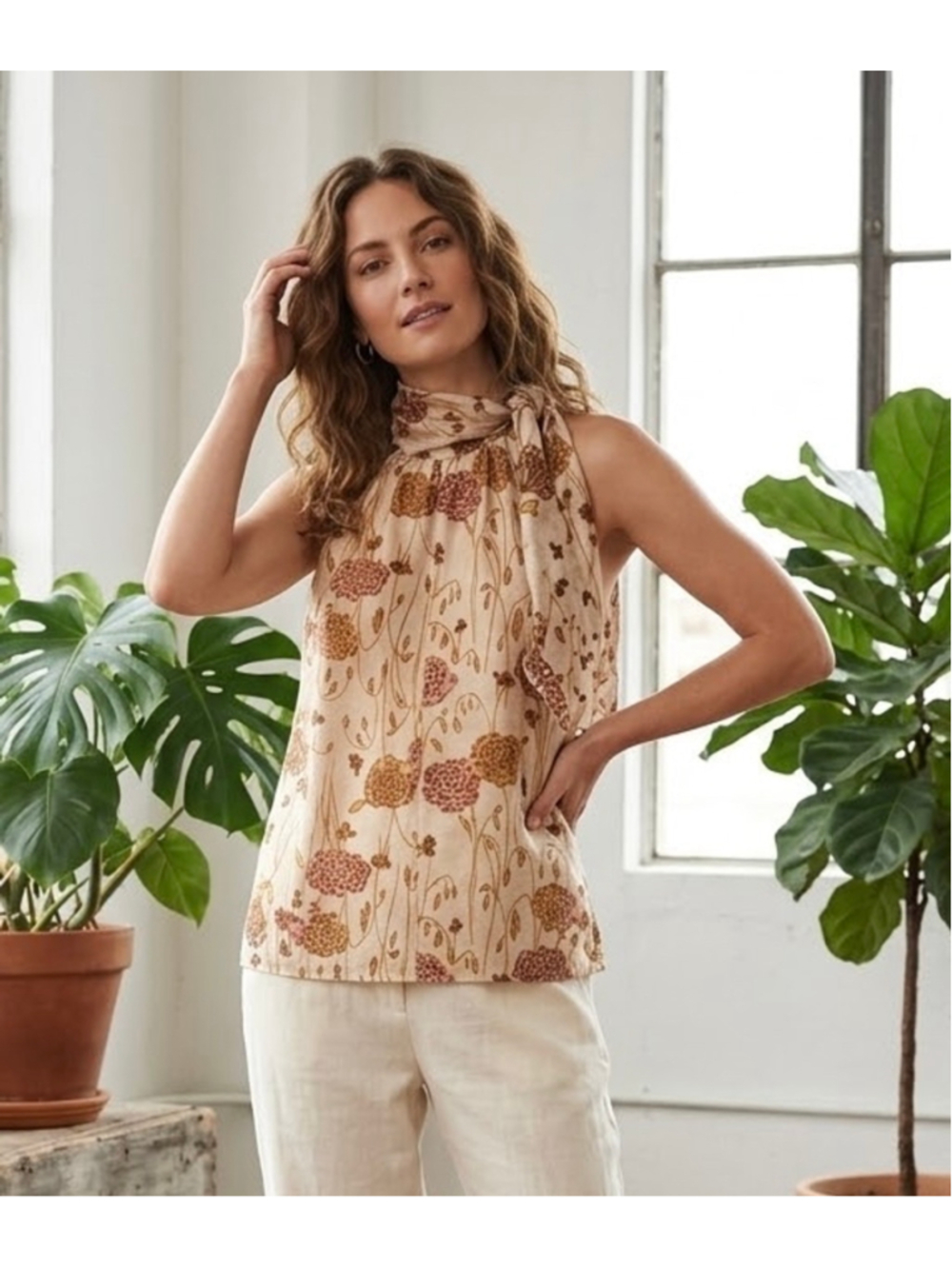Rachel Zoe Floral High Tie Neck Halter Blouse Semi Sheer Top Medium 70s Boho NWT